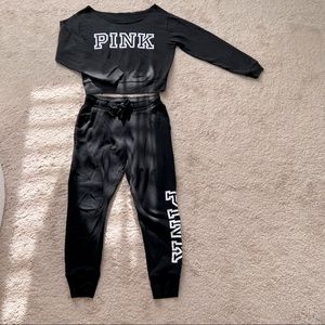 PINK Black Crew neck Sweatshirt and Sweatpants Set - Small